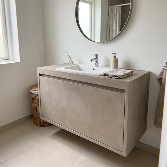 Meuble de salle de bain et plan de vasque revêtus de béton ciré Smartcret