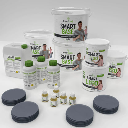 Inhalt des Mikrozement Sets für Badezimmer 24 m² auf Gipskarton, Putz oder Zement: Smart Primer ABS, Smart Base, Smart Liso, Smart Varnish, Smart Booster und Schleifscheiben