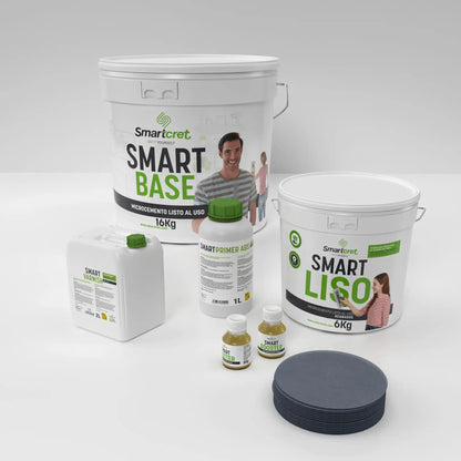 Inhalt des Mikrozement Sets für Badezimmer 8 m² auf Gipskarton, Putz oder Zement: Smart Primer ABS, Smart Base, Smart Liso, Smart Varnish, Smart Booster und Schleifscheiben