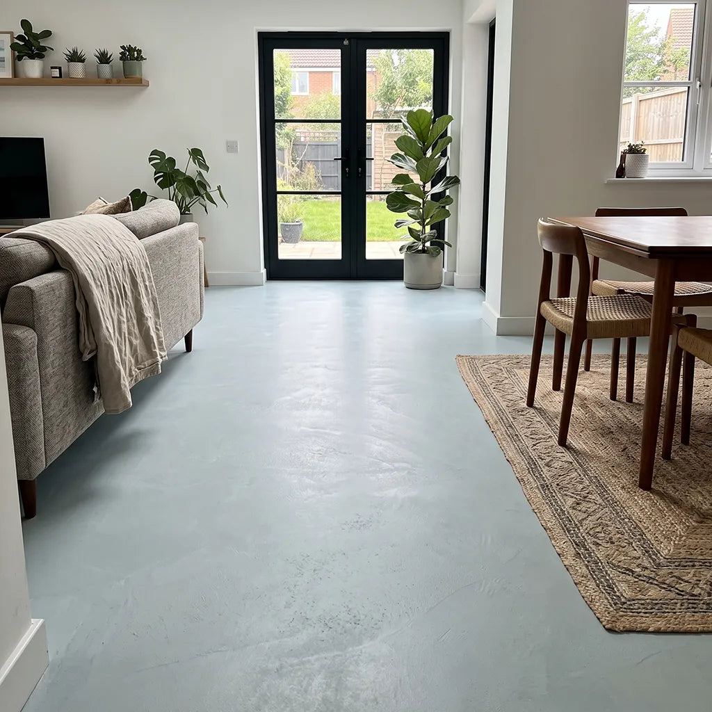 Mikrozementboden in der Farbe Breeze mit dem Smartcret Set für Böden und Treppen