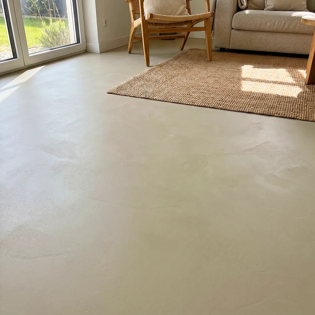 Mikrozementboden in der Farbe Khaki mit dem Smartcret Set für Böden und Treppen