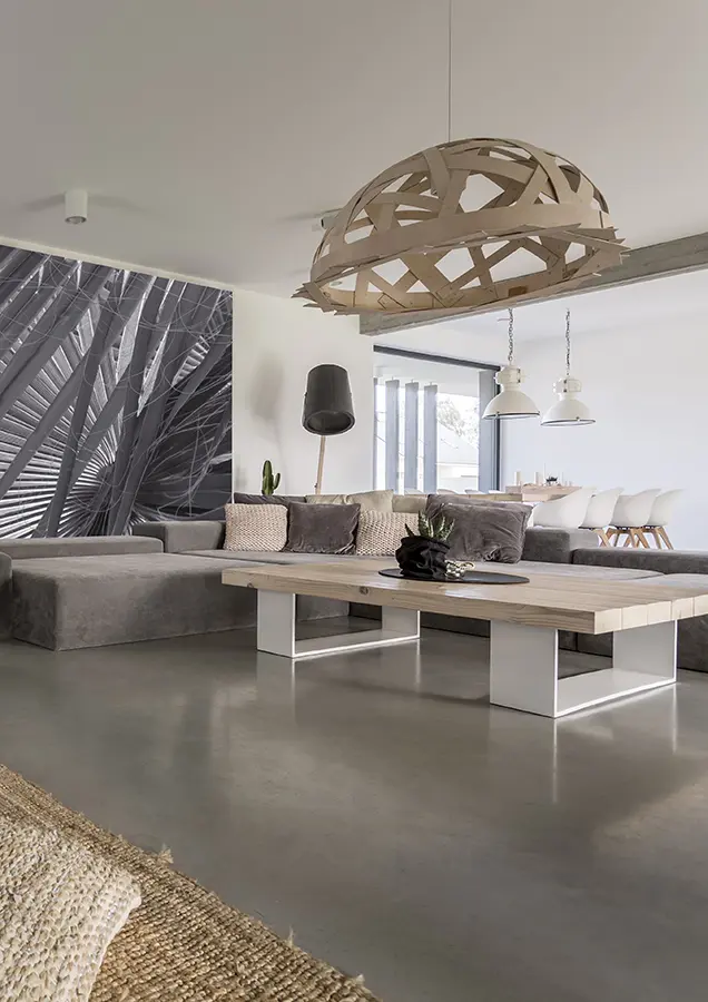 Living room with polished concrete floor